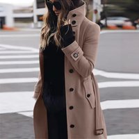 Slim Fit Wool Blend Pea Coat – Elegant Short Trench Coat Belted Waist Coat Solid Coat