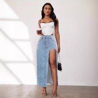 Clothing High Slit Half Length Denim Skirt Spring Summer Style Washed Solid Mid Length Skirt