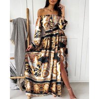 printed dress V neck pullover retro long sleeved wide slit long dress wholesale