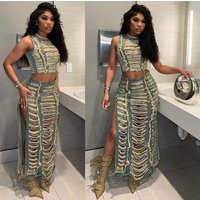Clothing Denim Suits Clothing Trend Personality Hand Worn Vest Slit Denim Skirt