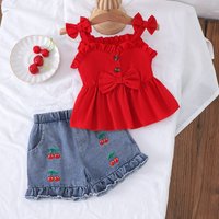 Stylish Toddler Girl Outfit Set – Red Bow Sleeveless Top + Denim Shorts (12M-5T, Summer Casual Wear)