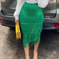 High waisted spliced fringe skirt slim hip hugging skirt party pencil skirt plus skirt skirt