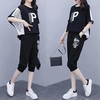 loose belly covering sportswear large short sleeved casual summer cropped pants suit two piece set