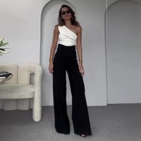 Women's Clothing summer new fashion solid color oblique collar slim fit top high waist wide leg pants suit