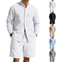 Linen Shirt Cardigan Set Casual Button Up Collar Beachwear Shorts Set Clothing