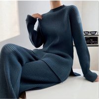  Loose Fit Knit Sweater Set – Slit Top & Wide Leg Pants 