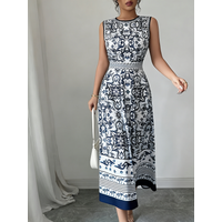 Midi Dress Spring Summer Women Blue White Porcelain Print Sleeveless Round Neck Elegant Chic Daily Vacation Party Dress