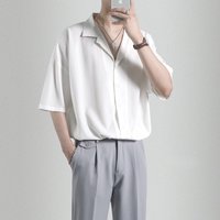 Cuban style Drop shoulder Side Slits Front Short Back Long Ice Silk Short sleeve Summer Drapey Shirt