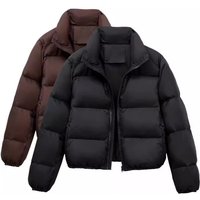 " Short Puffer Jacket Winter Coat Scarf Collar Thickened Warm Zip Up Outerwear Loose Fit Casual Streetwear 3D Effect Black S M L"