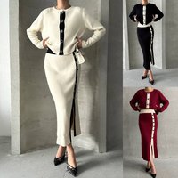 Women's Long Sleeve Button-Down Dress Set - Slim Fit Knit Two-Piece Outfit With Color Blocking (White, Black, Red) - S/M/L/Xl/Xxl