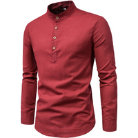 Autumn Cotton Linen Long sleeved Shirt Solid Stand up Collar Shirt