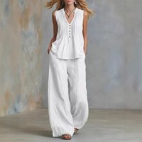 Clothing Pleated Linen Cotton Suit Sleeveless V Neck Casual Solid Formal & Casual