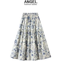 K High-waisted Draped Floral Midi Skirt For Women; Sweet A-line Skirt; Long Dress.