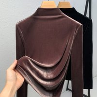 Women's Semi-Turtleneck Slim Fit Long Sleeve Velvet T-Shirt - Soft & Warm Layering Top For Fall & Winter
