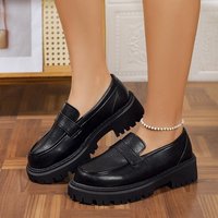 Loafer Shoes Women's New Small Leather Shoes Thick Sole Muffin Casual Round Head Black Thick Sole Single Shoes