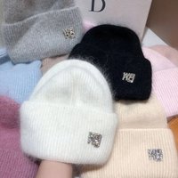 21 Colors Real Rabbit Fur Beanies Hat for Woman Rhinestones Letter Knit Bonnet Lady Autumn Winter Warm Skullies