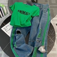 Clothing Outfit Complete Set Fashionable Straight Shoulder T Shirt High Waist Ripped Jeans Two Piece Suit1