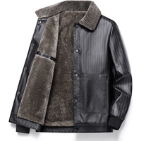 Business Casual Leather Jacket Mid Length Fleece Lined Coat Notched Lapel Premium Winter Outerwear