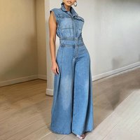Clothing Style Casual Washed Sleeveless Denim Jumpsuit Wide Leg Pants
