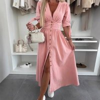 Clothing Fashion Long Skirt V Neck Short Sleeve Loose Denim Long Button Dress