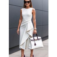 Solid Round Neck Sleeveless Pleated Waist Sexy Backpack Hip Skirt