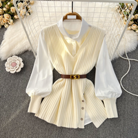 Women's Clothing New autumn and winter loose white shirt tops for women, design slit knitted vest, fashionable and age-reducing two-piece suit