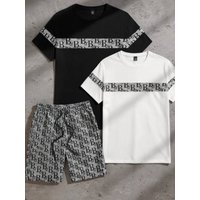 Summer Trendy T Shirt Shorts Set Short Sleeve Waffle Sports Casual Cotton Polyester Basic Fit Letter