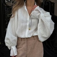 Women's Clothing Summer New Fashion Lapel Loose Simple Design Long-sleeved Shirt Top
