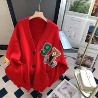 Women's Clothing College style V neck bear sweater cardigan women's autumn outer wear loose lazy Korean knitted jacket