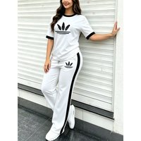 Simple Sport 2 piece Set Classic Print Colorblock Tee & Stretch Knit Side stripe Drawstring Wide Leg Pants Spring Summer Commute & Gym