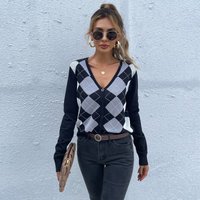 clothing Long sleeve diamond check V neck cardigan sweater jacket