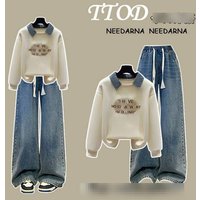 Preppy Style Polo Collar Sweatshirt & Stretch Jeans Set – Trendy Two Piece Outfit 