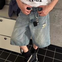 Clothing High Street Trend Hole Brushed Niche Wide Leg Straight Denim Shorts