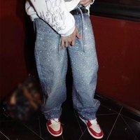 Diamonds Denim Straight Jeans Belts Zipper High Waist Wide Leg Fashion Street Trousers 2025 Spring Party Washed Pant