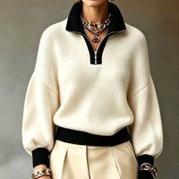 High Neck Knit Sweater Half Zip Block Top Style Lazy Design