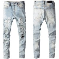 Straight Slim Fit Ripped Jeans Light Blue Trousers