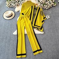 Women's Clothing Winter Fashion Suit Design Color Matching Long Sleeved Knitted Cardigan Sweater Versatile High Waist Wide Leg Pants Three Piece Suit