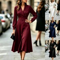 Women's Midi Dress Long Sleeve Fitted Waist Full Skirt Suit Collar New Arrival
