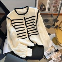 Clothing Design sense splicing striped knitted cardigan puff sleeve chiffon sweater short chic two piece top spring