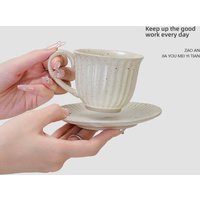 Vintage Striped Ceramic Coffee Cup & Saucer Set – Rustic Stoneware Mug For Office Tea, Afternoon Milk, And Cozy Home Brews