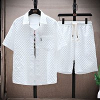 suit ice silk handsome trendy short sleeved shirt shorts one plaid thin sports casual two piece