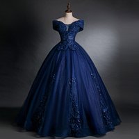 Women's Clothing Elegant Navy Blue Off-Shoulder Ball Gown For Vocal Performances & Auditions – Princess Silhouette Dress With Slimming A-Line Skirt