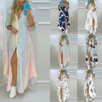 temperament printed single breasted slit shirt dress