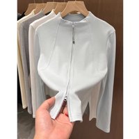 Fashionable Stand Collar Long Sleeve Zip-Up Tunic Top For Women – Slim Fit Casual Blouse With Dual Zipper Design