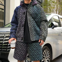 Men's UV Protection Suit - Neon Gradient Grid Jacket & Shorts Set | Trendy Streetwear (Black/Pink/Blue)