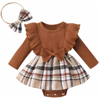 clothing cartoon bear print long sleeve triangle dress + plaid skirt + headband