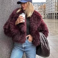 Clothing Faux Fur Jacket Winter Fashion Short Coat Burgundy Red Eco Friendly 3D Pattern Streetwear XS S M L