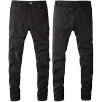 Clothing Fashion Brand Washed Scratched Patches Paint Graffiti Stretch Slim Jeans
