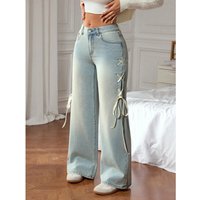 Clothing High Waisted Flare Jeans Bow Detail Comfortable Cotton Stretch Denim Pants Casual & Streetwear 