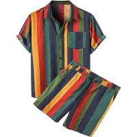 Men's Clothing Beach Hawaiian Colorful Striped Short Sleeve Shorts Set Two-Piece Shirt